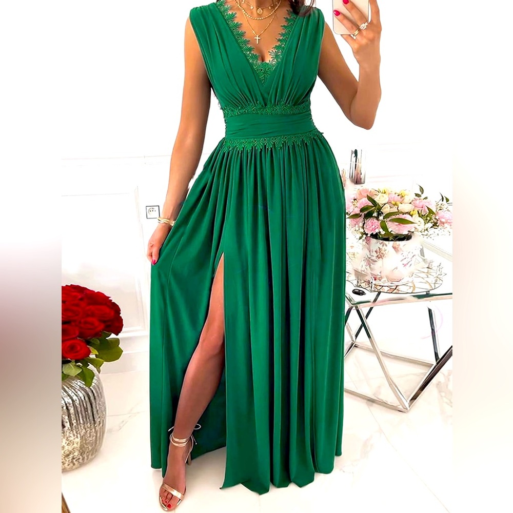 Floral lace deep v neck long evening dress.